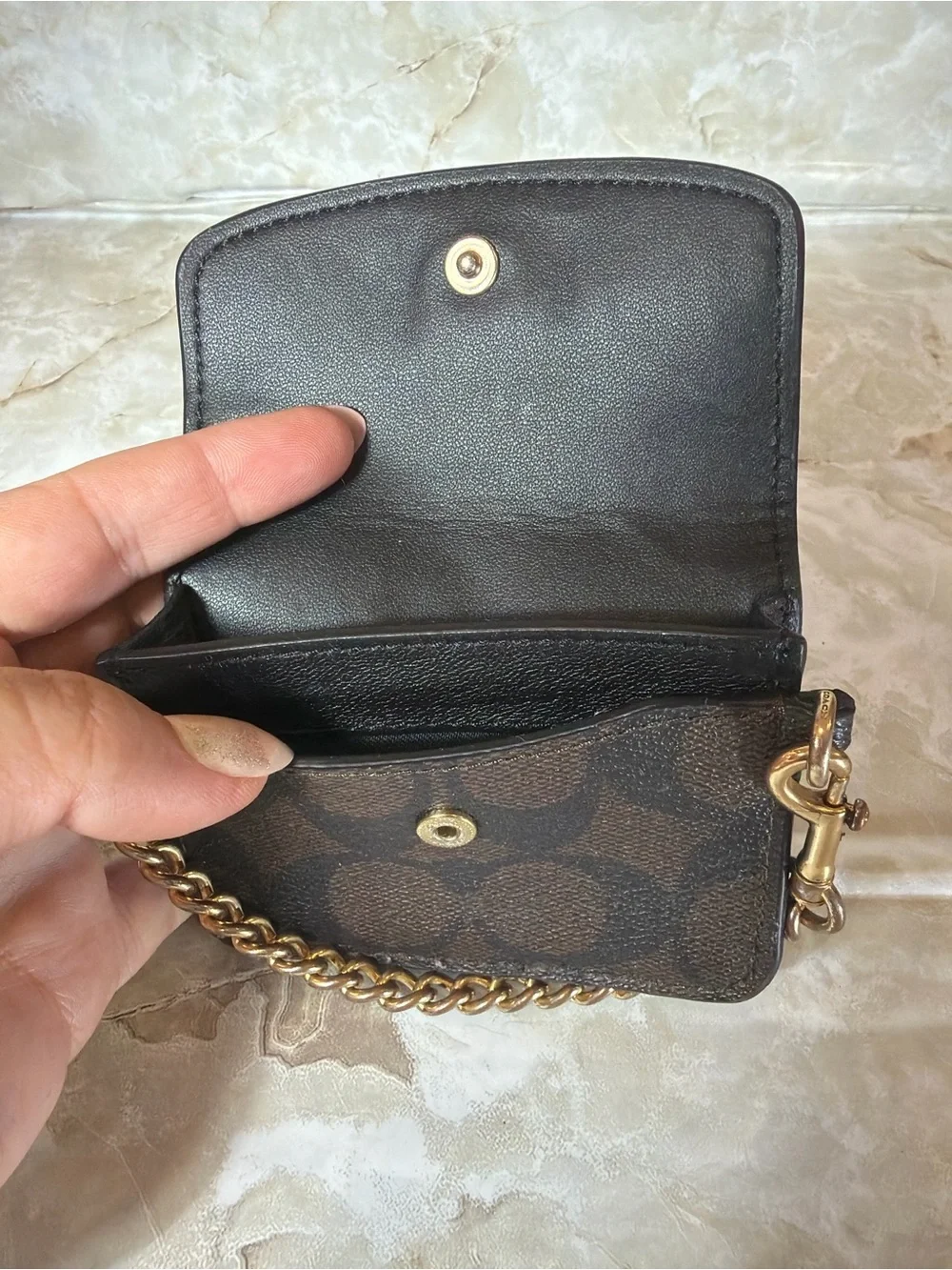 Coach Signature Mini Wallet on Chain Brown Black Canvas Leather Card Holder - Picture 4 of 4